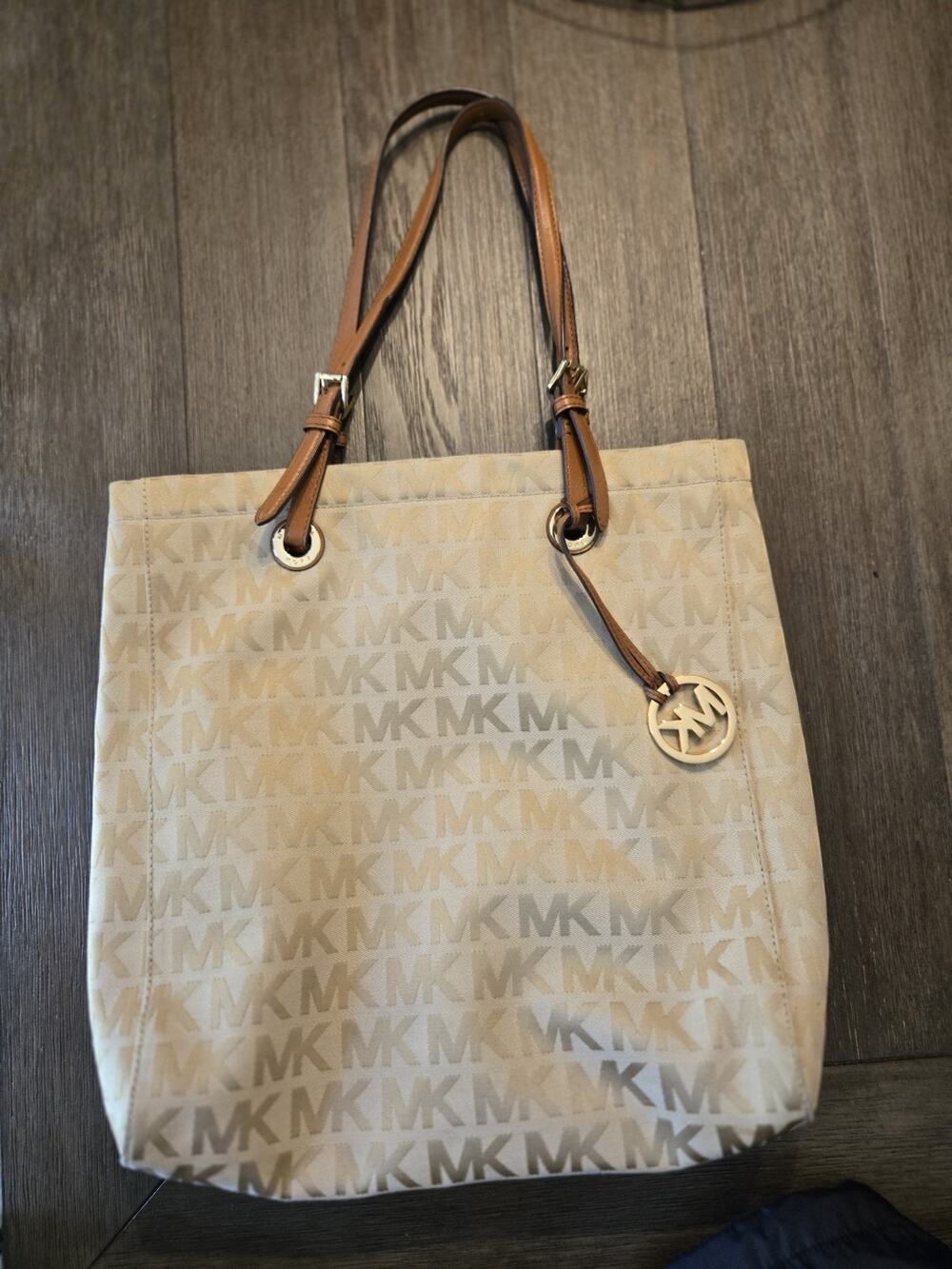 Michael Kors MK Logo Beige Tan Jacquard Tote Purse Brown Leather Straps